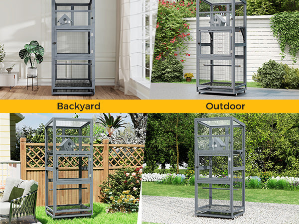 68.3''Enclosure Wood Tilted Flat Top Floor Bird Cage Equipped with Stand and Wheels