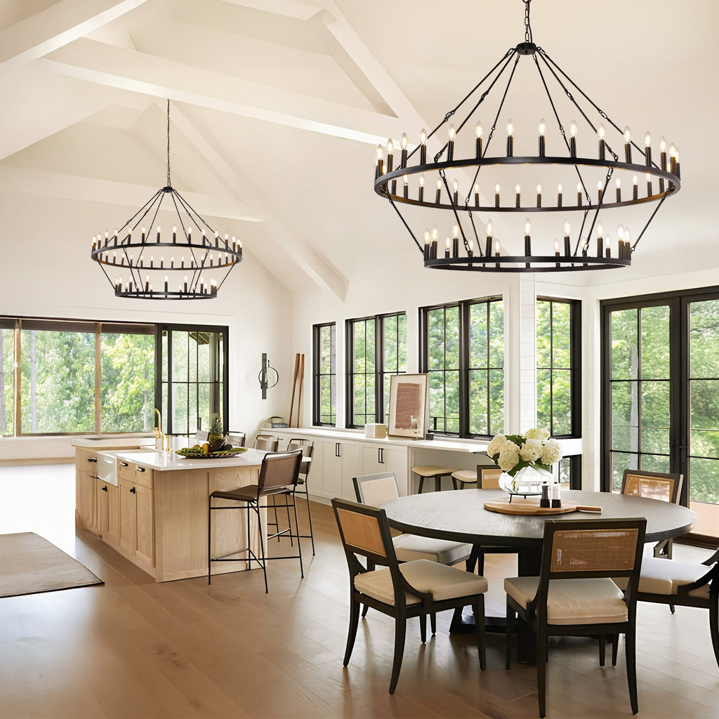 [Modern Farmhouse Chandelier] Modern Farmhouse Chandelier 2 Tier Round Wheel Chandelier Large High Ceiling Light