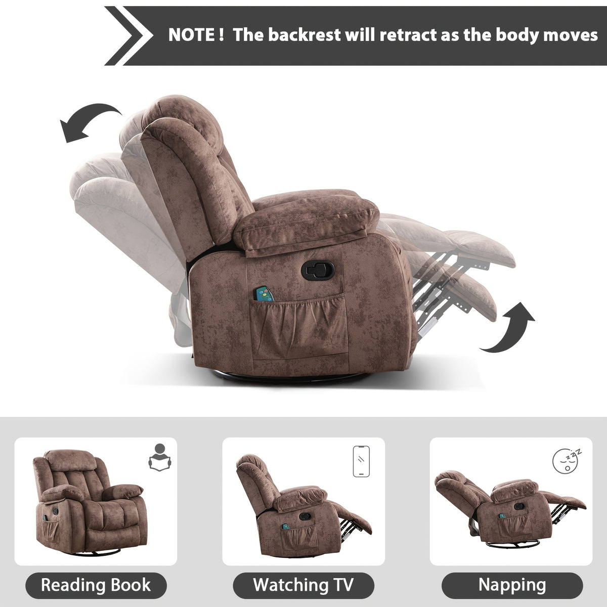 Massage Swivel Rocker Recliner Chair with Heat And Vibration, 360 Degree Swivel Manual Recliners Antiskid Fabric Single Sofa Heavy Duty Reclining Chair for Game & Recreation Room Furniture