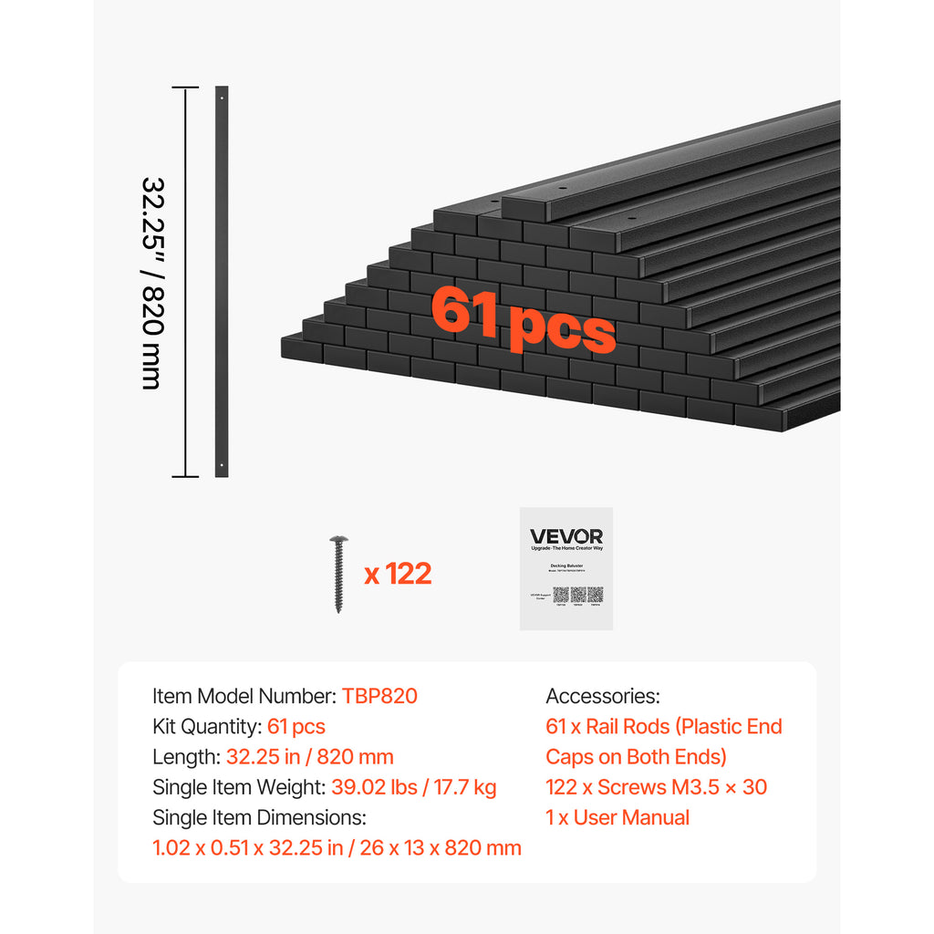VEVOR 61 Pack Deck Balusters, 32.28 in Galvanized Steel Railing Spindles, Hollow Rectangle Metal Decking Stair Balusters with Pre-Drilled Hole, End Caps, Screws, for Deck, Porch & Stair Railing, Black