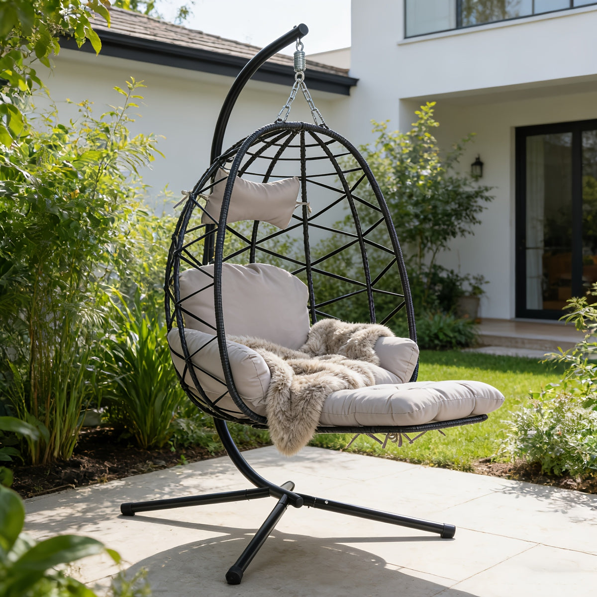 Hanging Egg Chair with Stand & Leg Rest, 350lb Rattan Wicker Swing Chair with Cushion, Patio Basket Hanging Chair Wicker Hammock Chair for Outdoor Garden Backyard Balcony, All-Weather Resilient