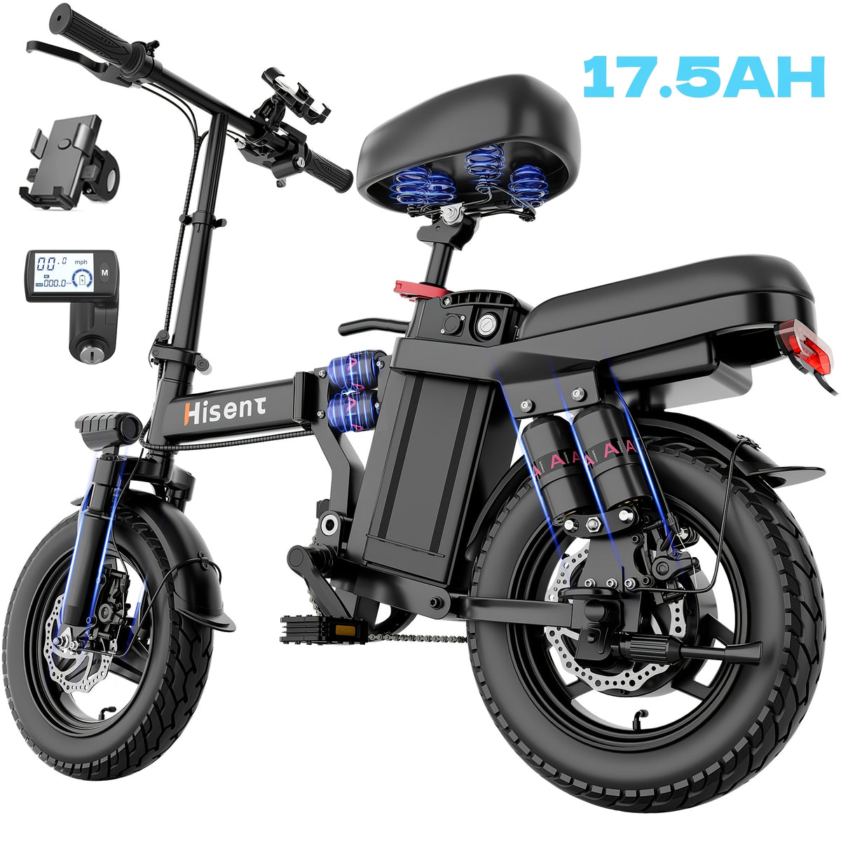 Hisent Folding Electric Scooter, 500W Brushless Motor, Speed 19.9mph, Dual Suspension System, Full Shock Absorption, 48V 10AH-17.5AH Battery(optional), 15-35 Miles Range, 14-inch High-quality Tires, With Double Seats