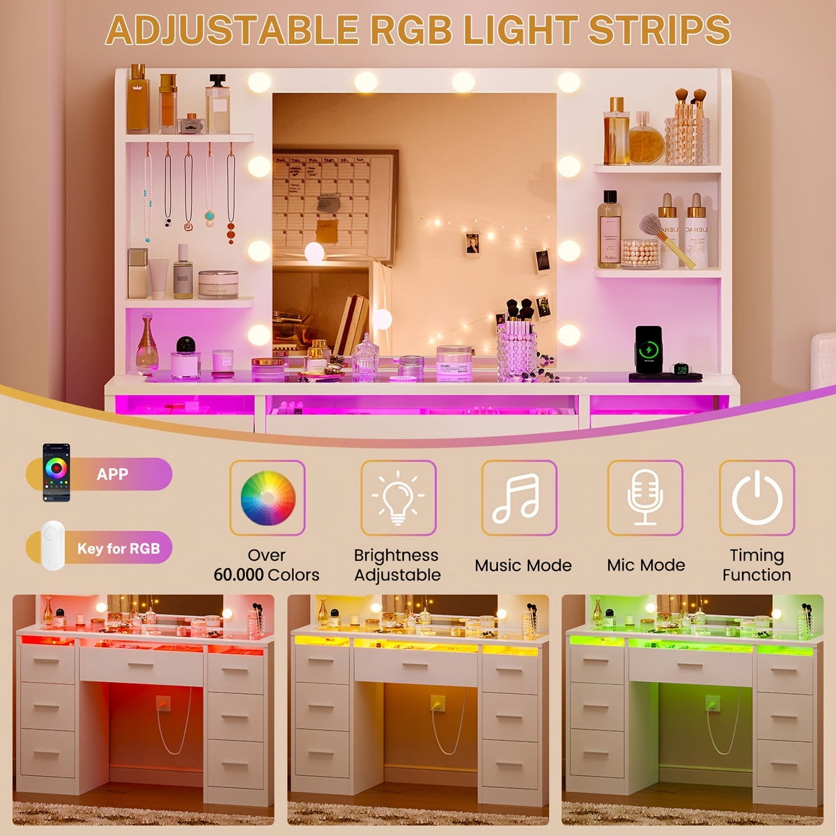 Makeup Vanity Table with LED Lighted Mirror, Power Outlet, 7 Drawers, 4 Shelves, 5 Jewelry Hooks