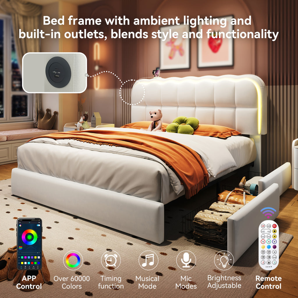 MRAEER Twin/Full/Queen Bed Frame | LED Lighting, 2/4 Storage Drawers, Cloud-Style Soft Headboard, Velvet Modern Platform Bed, Mattress Not Required, Halloween/Christmas Gift, White/Pink/Grey, Hardwood and Metal Construction