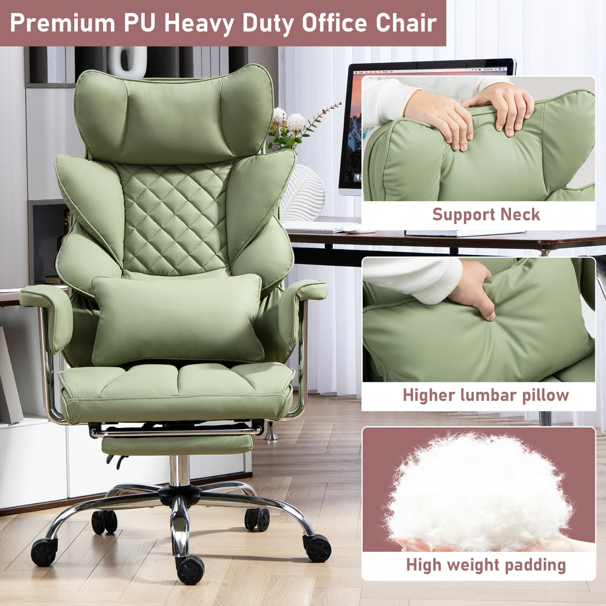 Heavy-Duty Office Chair Designed for Individuals Up to 500 Pounds, Featuring a High Back, Gaming Style with a Footrest, Ergonomic Design, And Adjustable Height with Fixed Soft Armrests