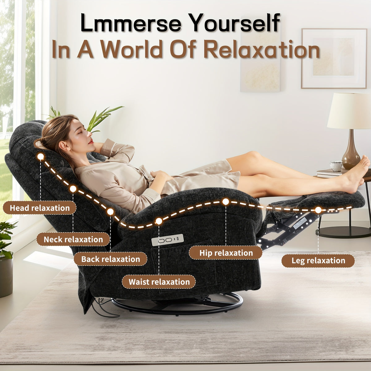 Living Room Swivel Recliner, Adult Electric Recliner with USB Ports and Side Pocket Storage, Comfortable Soft-shell Rocking Chair, Chenille Material Large-seat-width Recliner for the Living Room, Generously Wide Seating, a Fine Gift