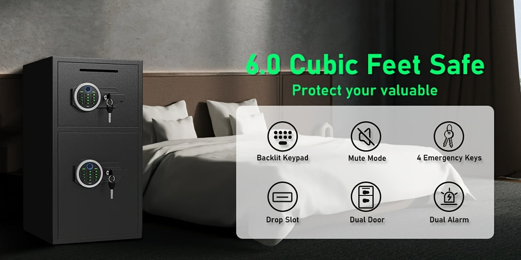 6.0 Cub Extra Large Heavy Duty Fireproof for home Safe Box with Biometric Fingerprint Lock, Backlit Keypad & Deposit Slot - Dual Alarm System, Digital Display, Metal Construction, Secure Cash & Valuables Storage for Home, Office
