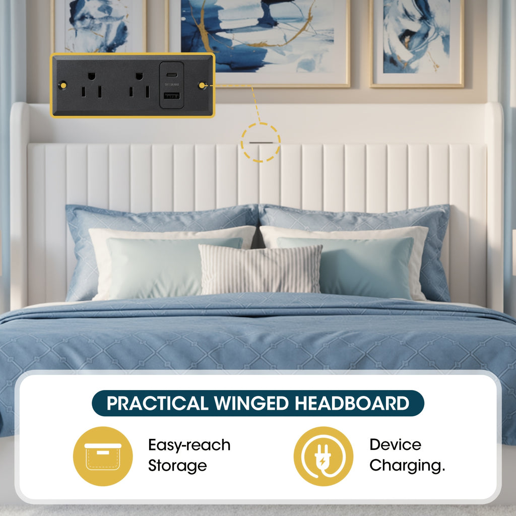 WEEWAY Lift Up Storage Bed Frame, Velvet Vertical Channel Headboard, Charging Station, Hydraulic Support, Noise-Free Wooden Slats, No Box Spring Needed, Bedroom Furniture, Masterroom, Guestroom, White, Black, Cream, Grey, Free Shipping