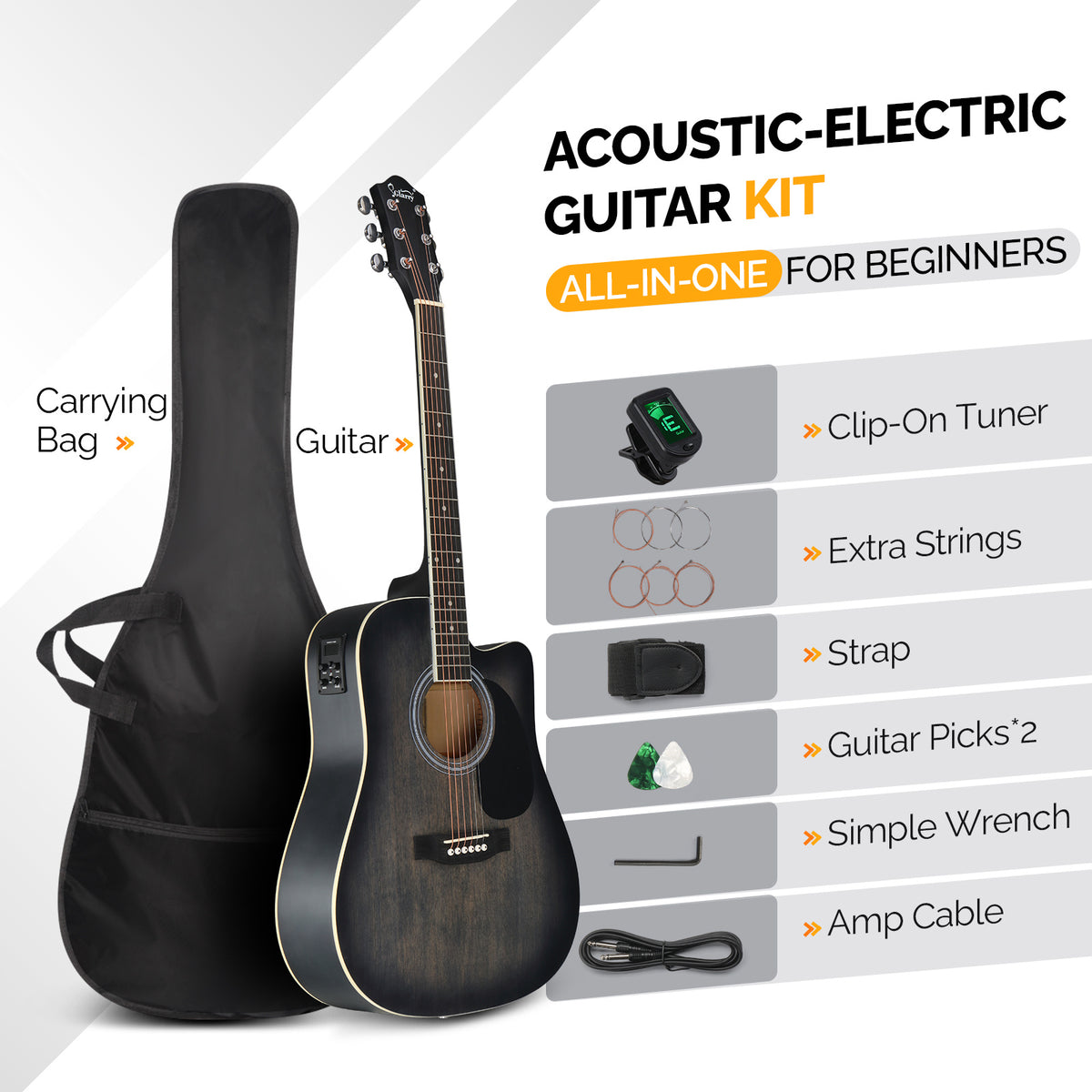41in Full Size Electric Acoustic Guitar, Acoustic Guitar Kit, Cutaway Style, 6-String, Electric Acoustic Guitar w/Inbuilt Tuner, Bag, Strap, Pickups, Strings
