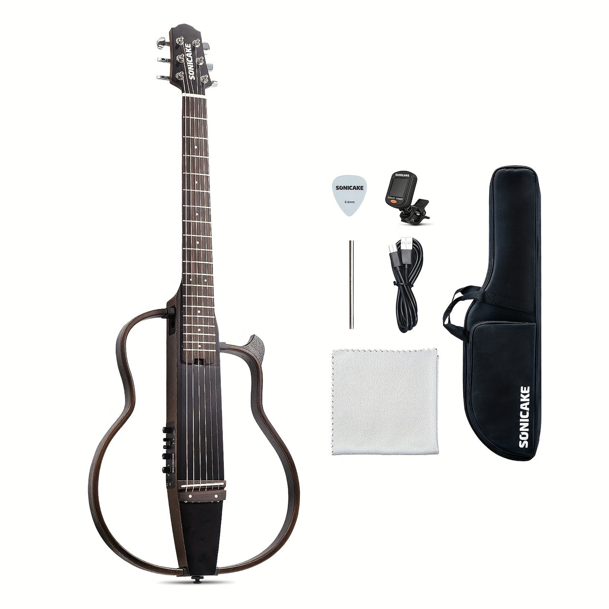 VOHALO Sonicake Travel Guitar, Portable Solid Mahogany Body Acoustic-Electric Guitar, Easy Assemble Frames, Multi Body-Shape SIM Rechargeable Pre-amp, Gig Bag, Professional Recording & Live Performance Guitar with Rosewood Fingerboard, All Accessories, El