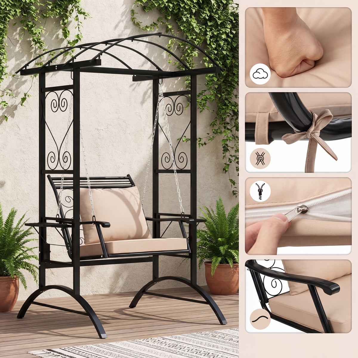 Outdoor Porch Swing with Stand for Adults, Patio Swing Chair with Removable Cushions and Side Tables for Garden, Balcony, Backyard and Poolside