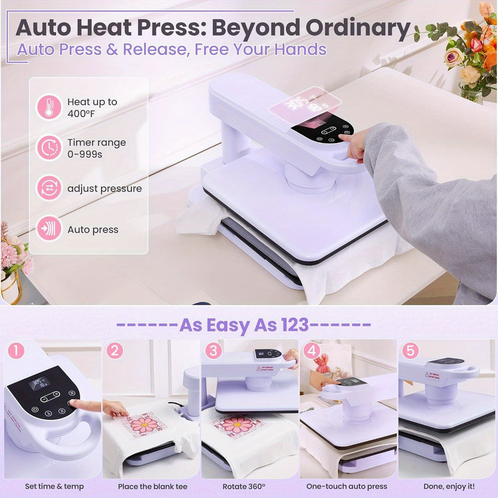 15x15 Inch Swivel Auto Heat Press Machine, 360° Swing Away Smart T-Shirt Printing W/Auto Press & Auto Release & Auto-Off, 7 Adjustable Pressures & 1.85" Higher Heating Height For HTV, Dual-tube Heatinbg, Sublimation, Heat Transfer Projects