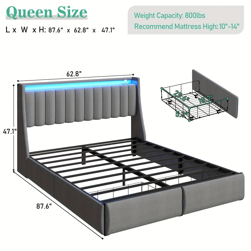 Full Queen King Bed Frame with 2 Storage Drawers And Luxury Wingback Upholstered Button Tufted Storage Headboard, Charging Station, Storage Headboard & LED Lights, Noise-Free-Dark Gray