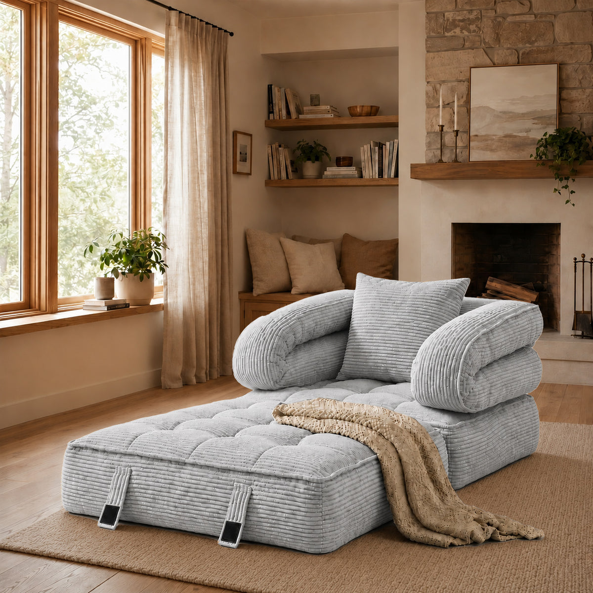 3-in-1 Convertible Folding Sofa Bed, Floor Futon Couch Cloud Shaped Corduroy Upholstered, High-Density Foam Ultra-Soft Comfy Lounge Bean Bag Chair, Versatile Pull-Out Sleeper for Living Room Guest
