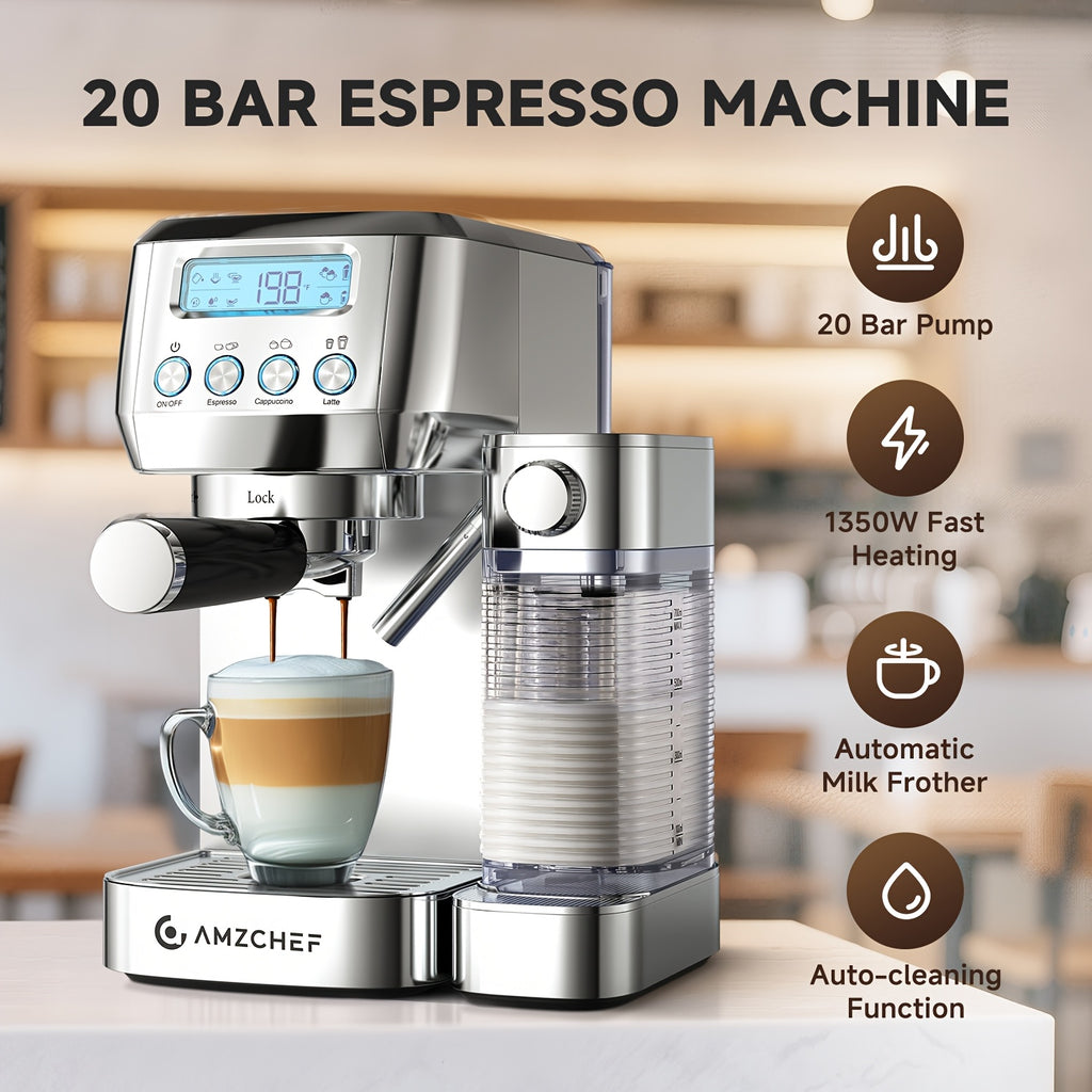AMZCHEF Coffee Maker Machine 20 Bar, Dual Boiler Espresso Machine with Touch Control, Cappuccino Machines with Automatic Milk Frother, Latte Coffee Maker with Dual Wall And Filters, Gifts for Men/Family, Silver