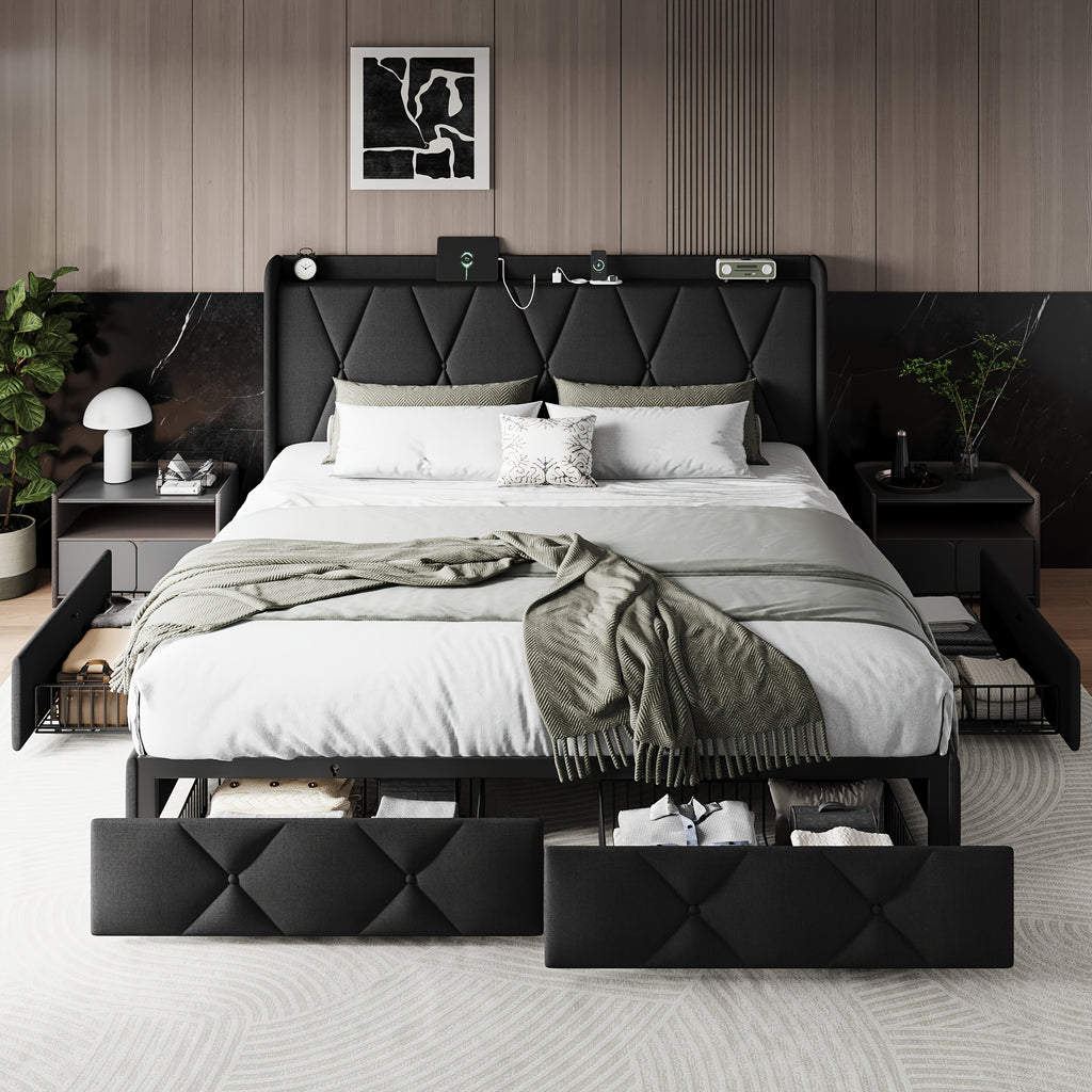 Halence 4 Drawers Storage Bed Frame With Wingback Headboard, Headboard With Built-in Charging Design, Metal And Hardwood Support, Easy Assembly, Suitable For Master Bedroom, Bed Frame Without Mattress