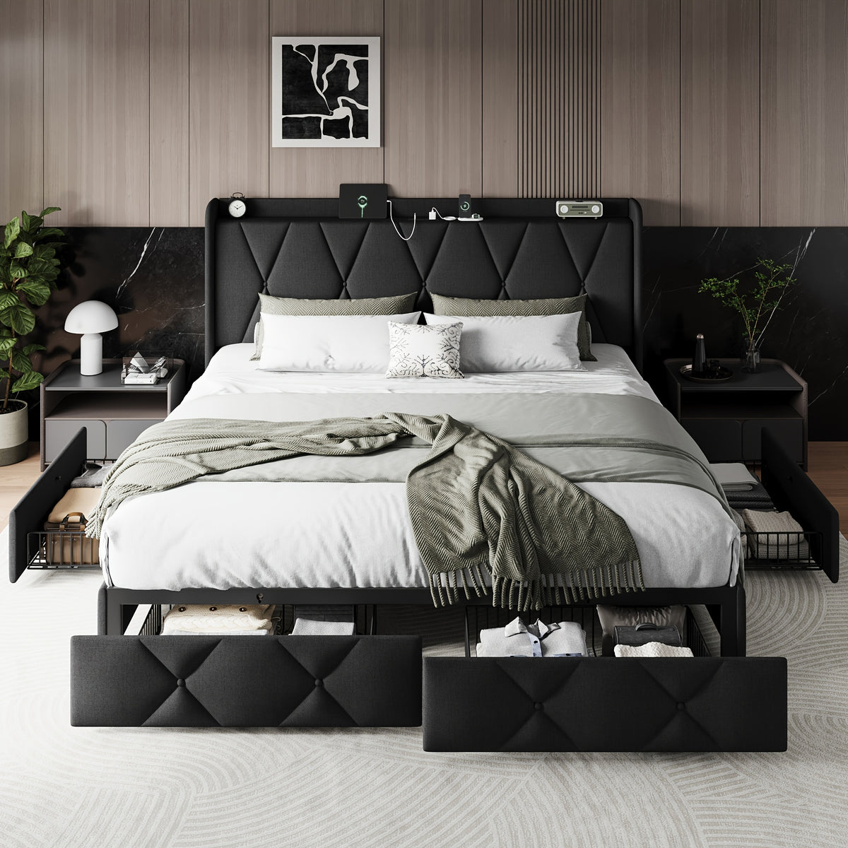 Halence 4 Drawers Storage Bed Frame With Wingback Headboard, Headboard With Built-in Charging Design, Metal And Hardwood Support, Easy Assembly, Suitable For Master Bedroom, Bed Frame Without Mattress