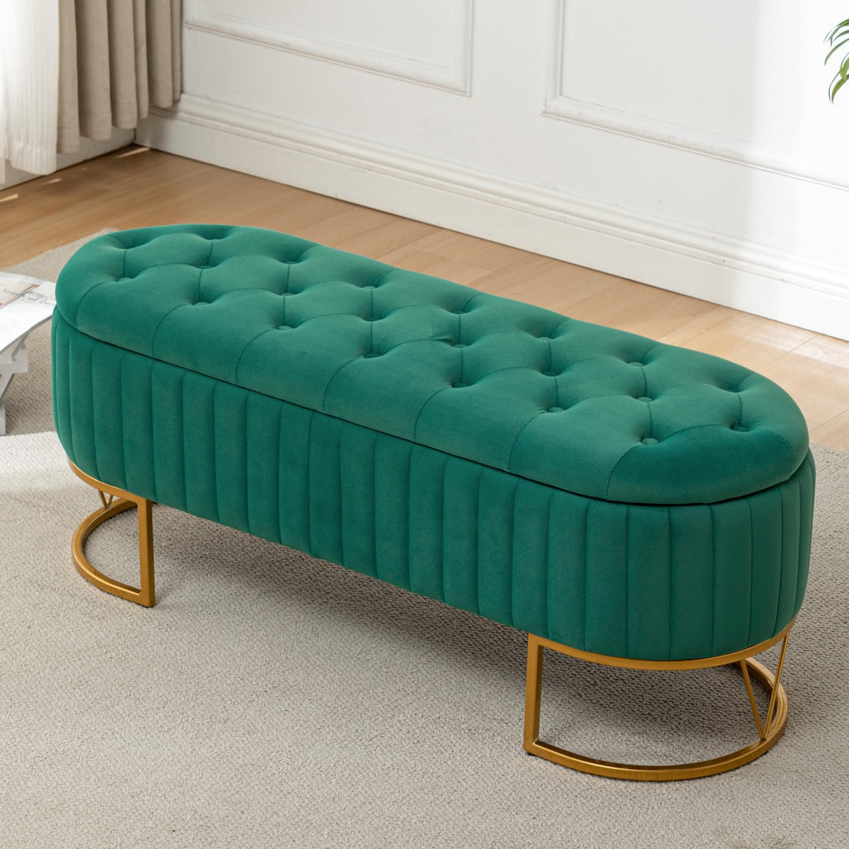 Modern 46”/46.5” (depending on orientation) Oval Velvet Storage Bench with Hinged-Lid Mechanism & Flip-Top Lid - Plush Upholstered Ottoman for End of Bed, Entryway, Living Room - Wood Frame & Luxury Design, Space-Saving Furniture (Standalone)