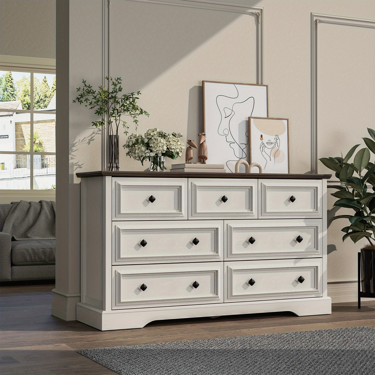 Farmhouse 6/7/8 Drawer Dresser for Bedroom, Wood Rustic Chest of Drawers with Natural Texture, Vintage Design, Storage Dressers Organizer for Bedroom, Living Room