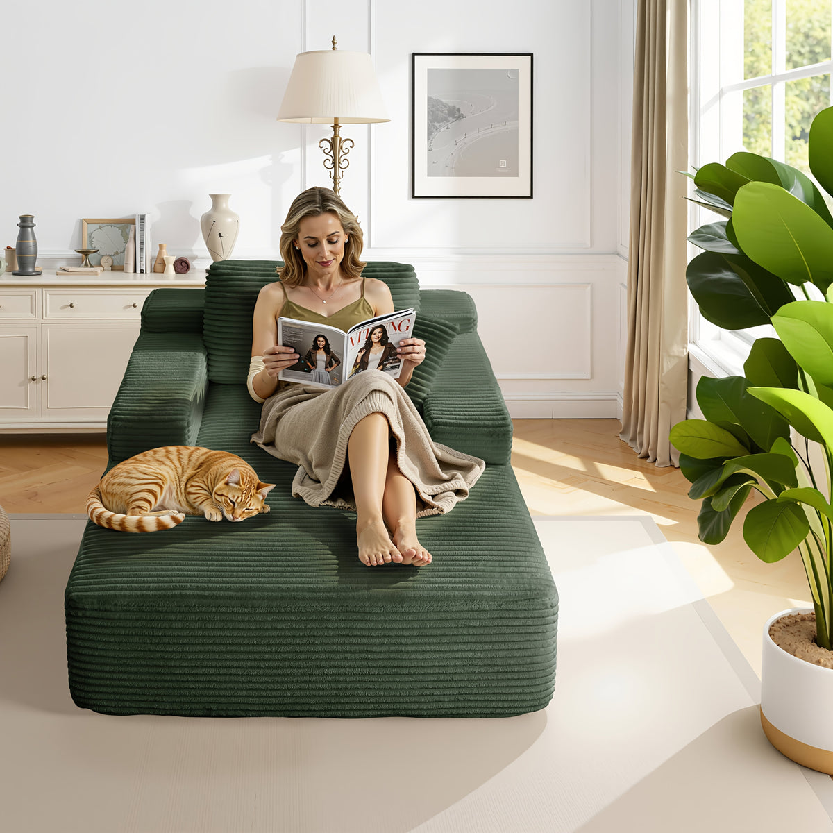 51-Inch Oversized Boneless Lounge Chaise Recliner - Corduroy Sofa with Pillows And Armrests | Deep-Seat with High-Density Foam Cushion | Living Room/Apartment/Bedroom U-Shaped Folding Sofa Bed | No Assembly Required | Beige/Black/Green/Orange