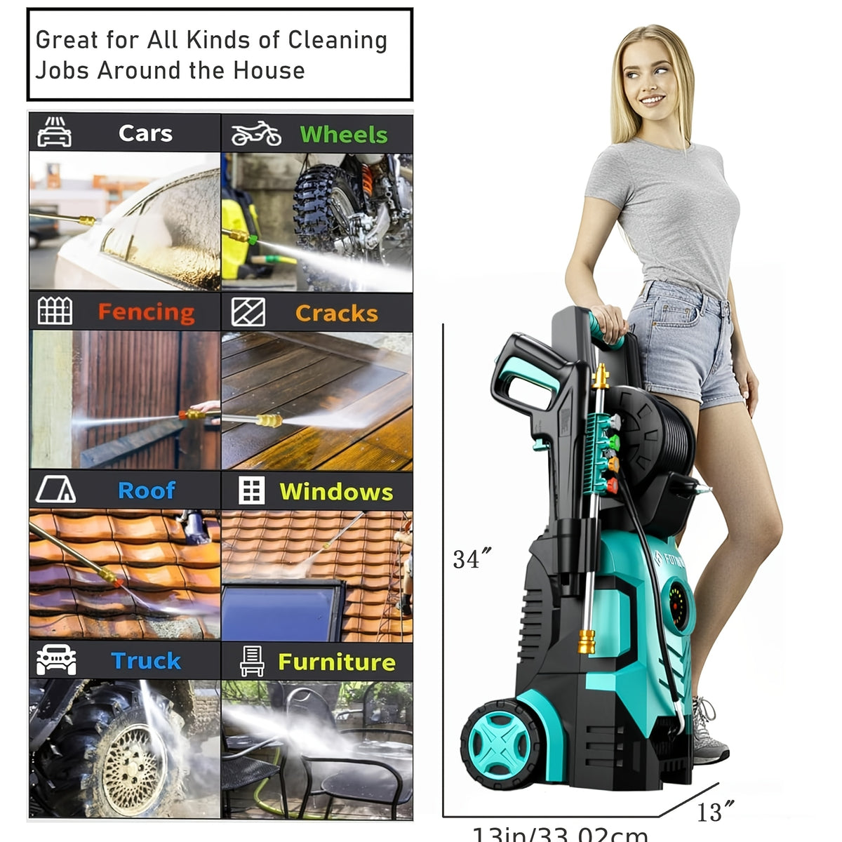 2026new Pressure Washer 5000PSI 2.4GPM-3.6GPM with Adj-8-Level Touch Screen, 34" Tall Power Washer, 4 Quick Connect Nozzles, Inlet Hose&Filterfor Cars/Fences/Driveways