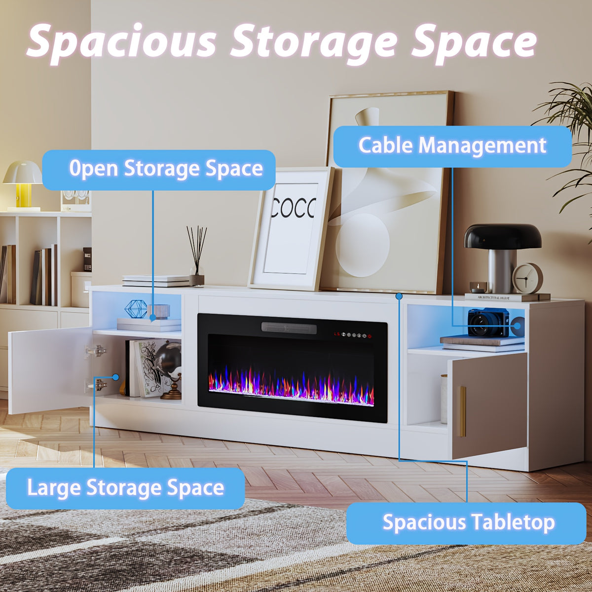 Fireplace TV Stand with 36" Fireplace, 80" TV Stand with LED Light for TVs Up to 85", Entertainment Center Console Table with Highlight Storage Cabinets