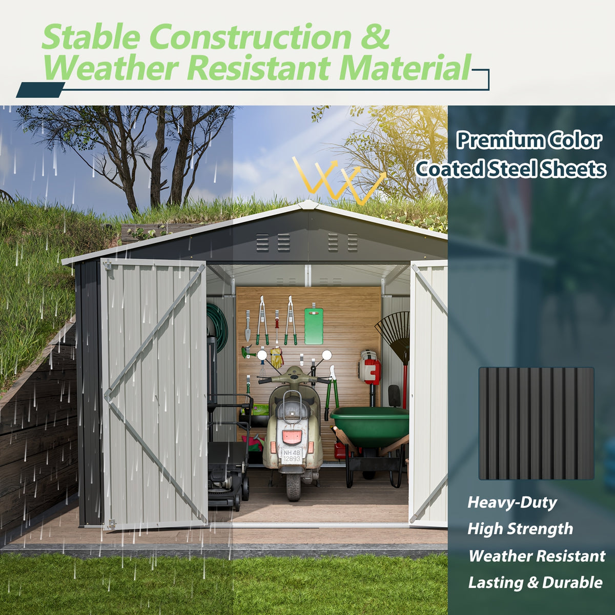 10X10 FT Outdoor Storage Shed, Metal Utility Tool Storage Featuring Lockable Doors And Enhanced Frame Design, Spacious Metal Garden Shed for Backyard And Patio Lawn, Black