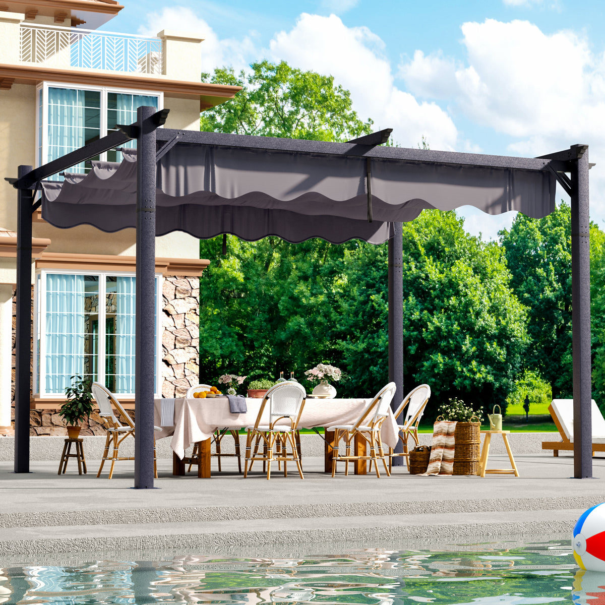 Polar Aurora 10x12 FT Outdoor Pergola with Retractable Canopy, Patio Metal for Patio, Decks, Porch and Backyard