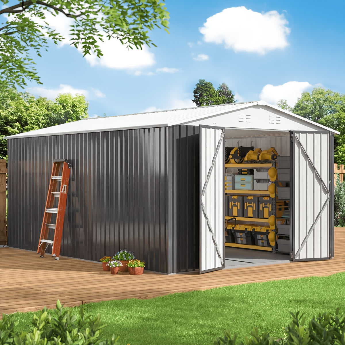 Outdoor Storage Shed, Metal Shed with Updated Frame Structure And Lockable Doors, Large Shed Upgrade Height Ideal for Garden, Backyard, Patio Utility And Tool Storage