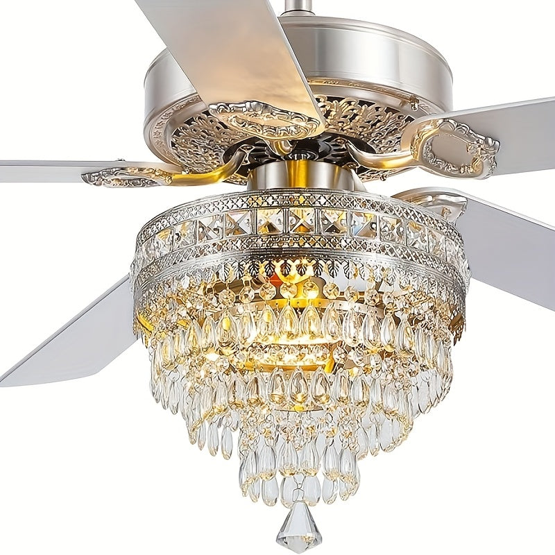 Crystal Ceiling Fan Fandelier with Lights - Modern Outdoor Fans with Remote Control, Noiseless AC Motor, Retro/Farmhouse Lighting, Dining Room, Living Room (52"