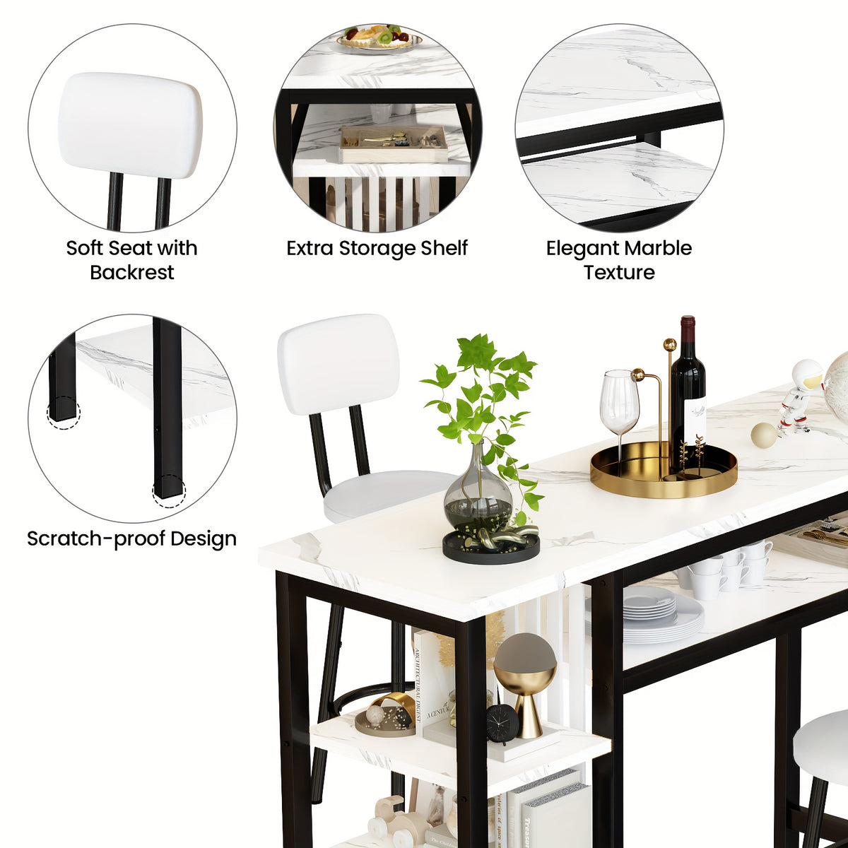 3pcs Dining Room Table Set with Faux Leather Upholstered Bar Stools, Modern Farmhouse Style Dining Table Set with Multiple Tier Storage Shelves, MDF Table Top and Metal Frame, Counter Height Breakfast Nook Table Set for Small Spaces Family