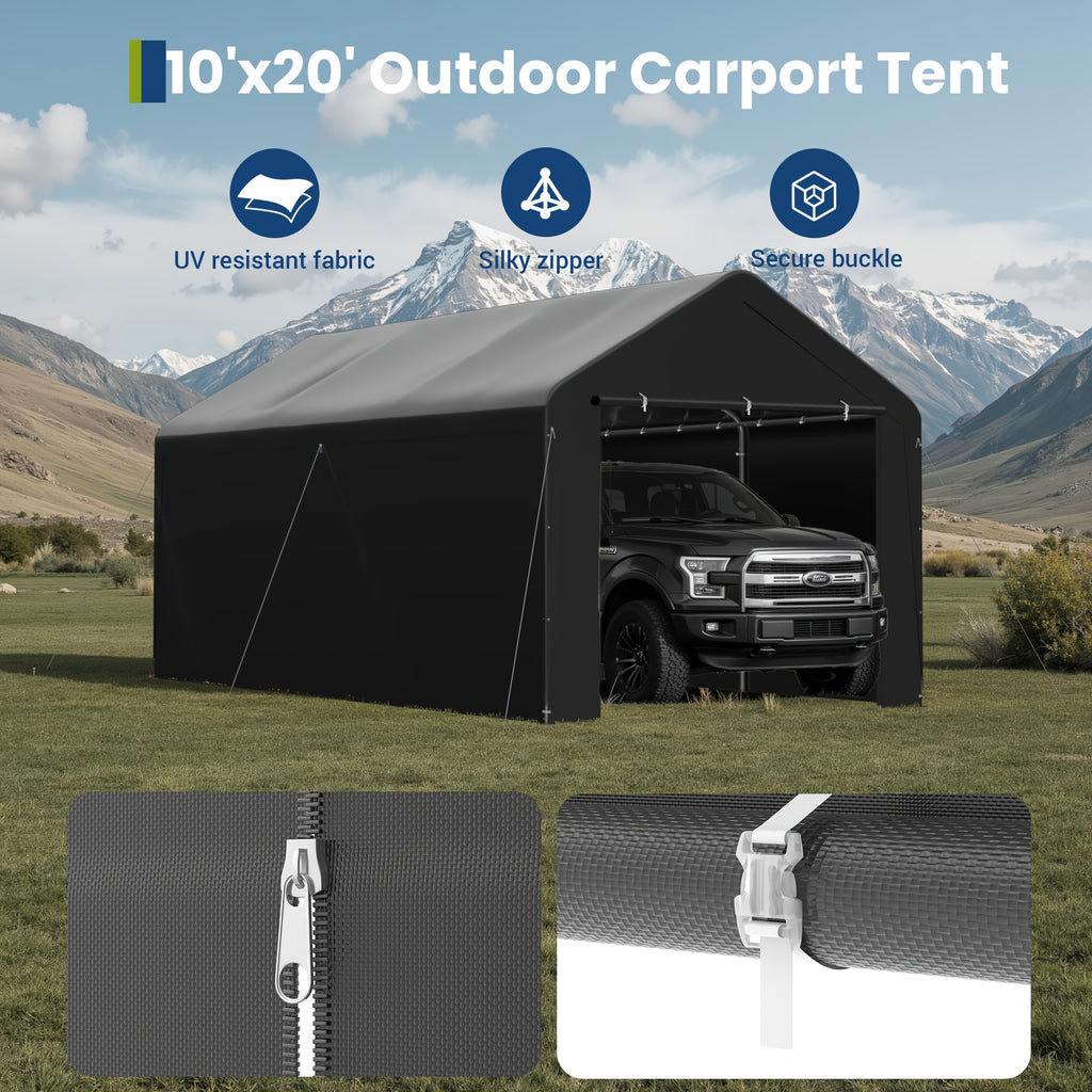 10x20 Carport Heavy Duty Portable Garage Shelter Metal Car Canopy Tent with UV-Resistant & Weatherproof Top Cover for RV & Vehicles