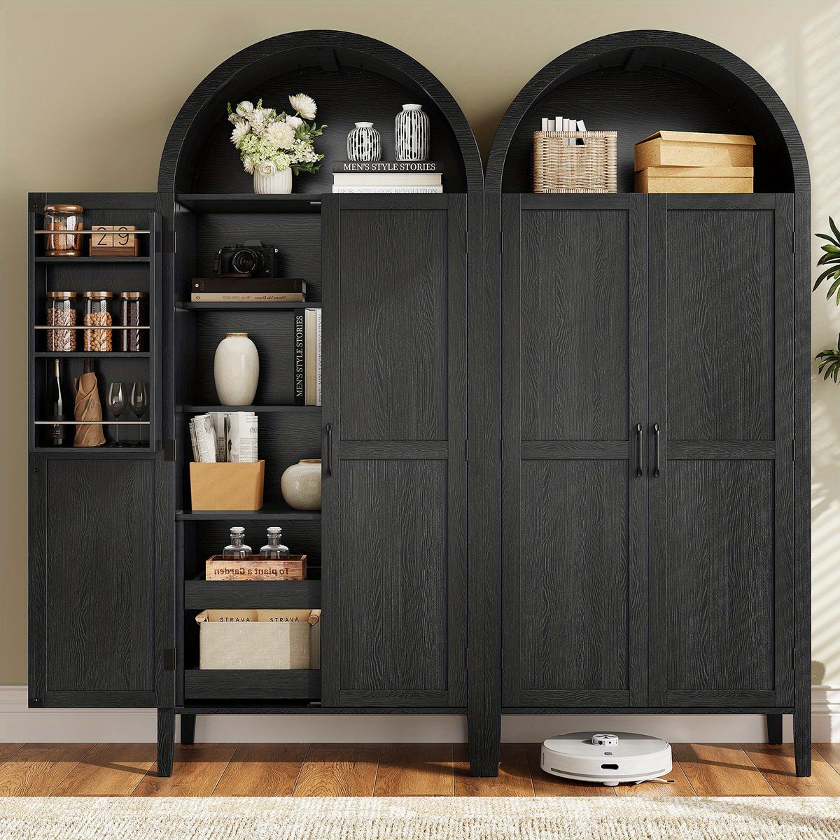 PAZCASA 71" Tall Arched Kitchen Pantry, Storage Cabinet with 2 Pull-Out Shelves, 6 Door Shelves, Organizer, Freestanding Modern Versatile Cupboard for Kitchen, Dining Room, Black/Natural