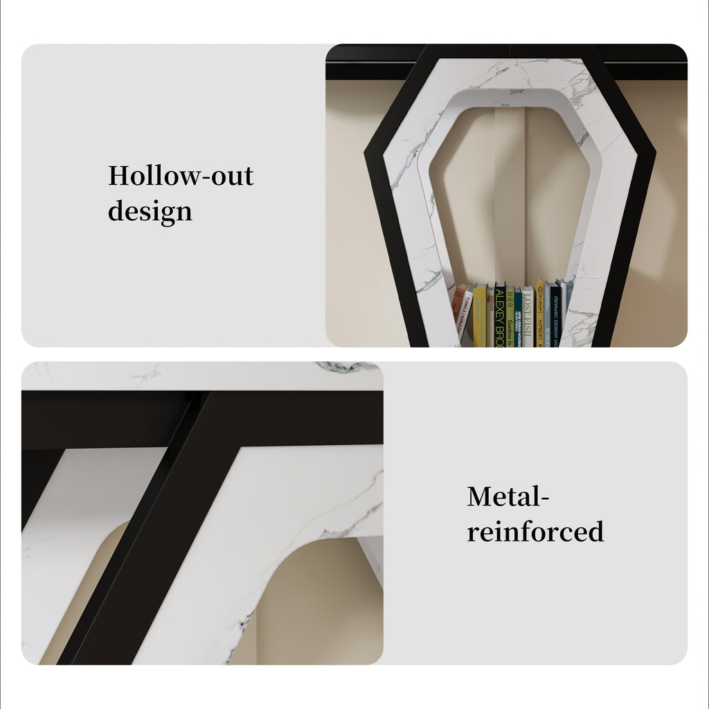 47.3" Modern Console Table with White Marble Texture, Narrow Sofa Table for Entryway & Hallway, Slim Behind Couch Table with Openwork Bracket, Foyer Table for Living Room, Easy Assembly