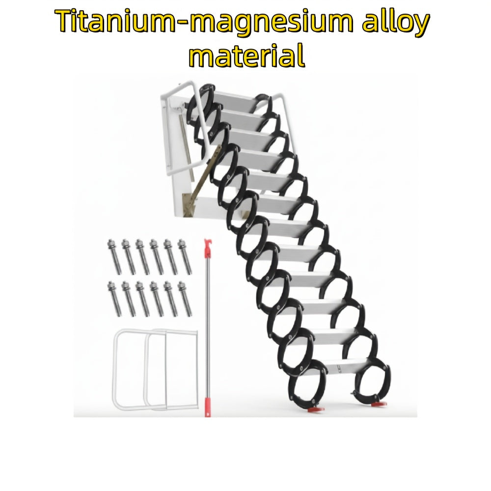 10ft Wall-Mounted Space Saving Attic Stairs, Black & White Titanium-Magnesium Alloy Construction, Supports Up to 880 Lbs, Ideal for Attics, Garages, Basements, Warehouses & Retail Stores