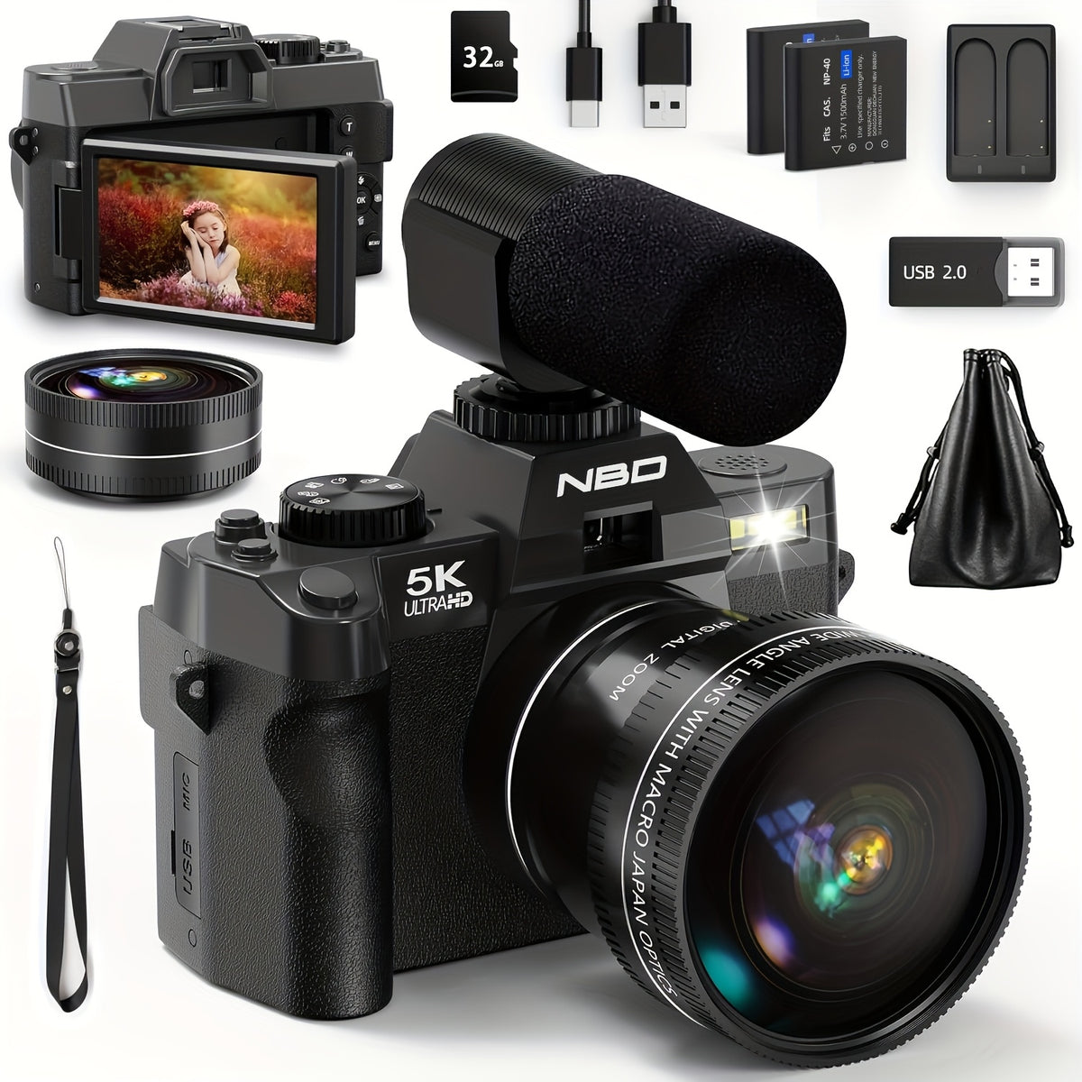 NBD Digital Cameras for Photography 5K, 48MP Autofocus Vlogging Camera for YouTube with 32GB TF Card & 2 Batteries, 16X Zoom Anti-Shake Video Camera with 52mm Wide Angle And Macro Lens., Social Media Content Creation, Youtube Content Creation