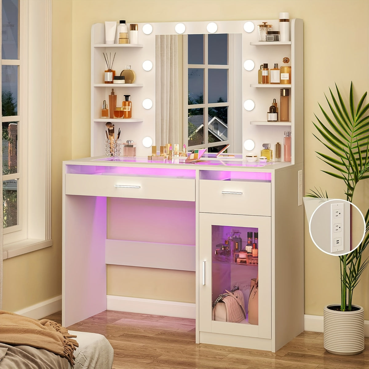 WHONLINE 1pc Vanity Desk with Mirror And Lights, Makeup Vanity Desk with Lights 3 Colors, Bedroom Vanity with Multiple Drawers, And Open Storage Space, Power Outlet, for Bedroom, White, Heavy Duty Dresser, for Halloween And Christmas