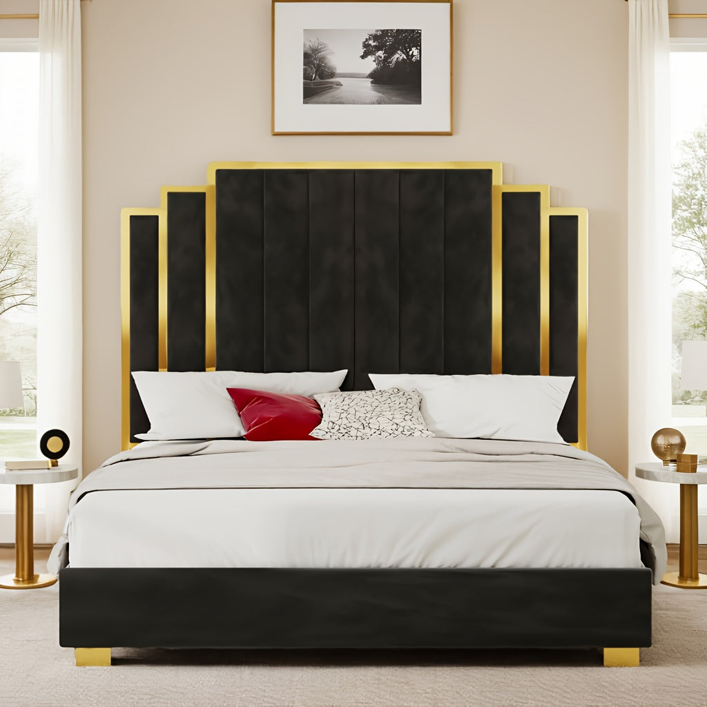 LUXOAK Modern Upholstered Bed Frame with 65" Headboard, Golden Plating Trim, Platform Design - No Box Spring Needed