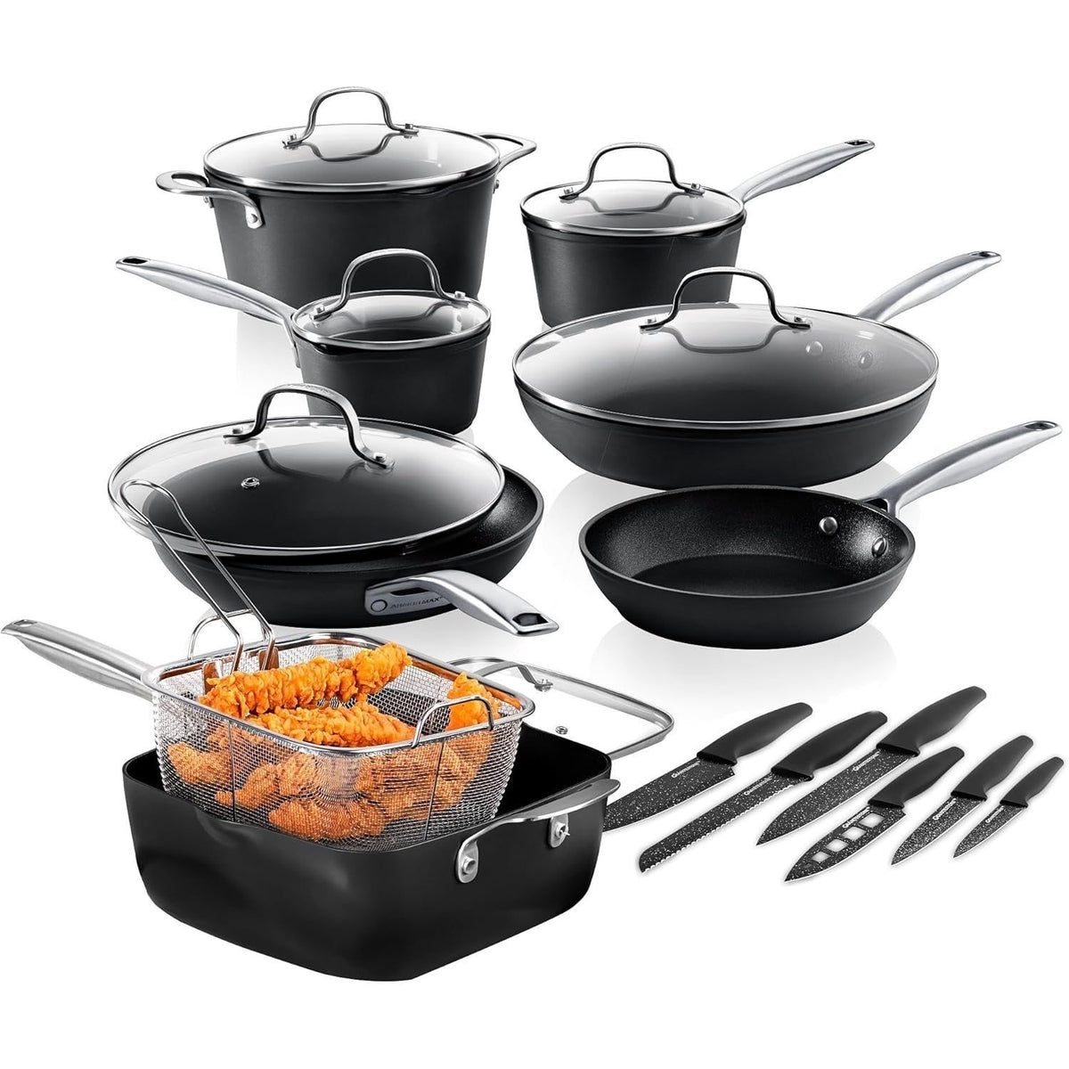 Granitestone Armor Max 20 Pc Hard Anodized Pots and Pans Set Non Stick, Induction Cookware Sets, Anodized Cookware Sets, Nonstick Cookware Set with Knife Set and Deep Fryer, Oven & Dishwasher Safe