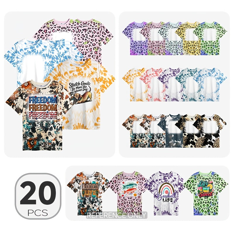 20pcs Pack, M - XXL | Sublimation Blank Colorful Bleached Faux Crewneck T-Shirt | Single Size Mix Colors Pack, Leopard Sports, Waves, Kajun, Camouflage, Hot Fashion Design Base Stripe Shirts for Heat Transfer Printing and Crafting
