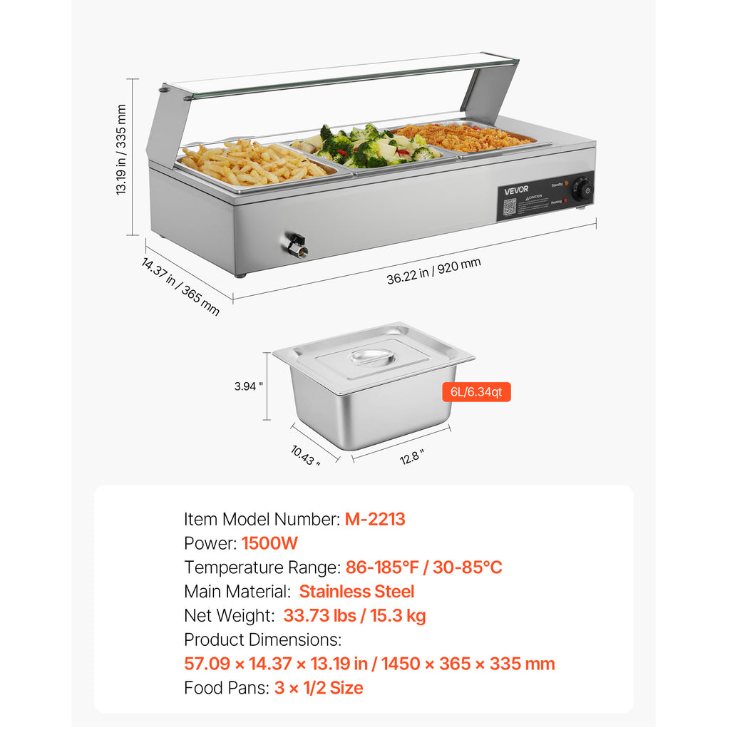 VEVOR Commercial Food Warmer, 1500W Electric Stainless Steel Steam Food Warmer with Glass Cover, Countertop Buffet Bain Marie with Three 1/2 Size / Five 1/2 Size Food Pans, for Catering, Restaurant, Party & Buffets