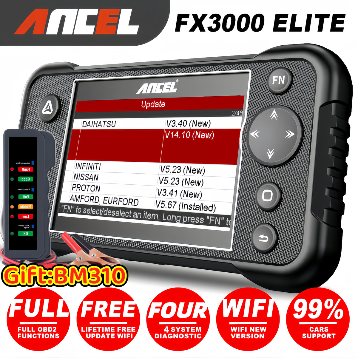 ANCEL FX3000 Elite+Gift: BM310 (BM310 Without Wireless Functionality) OBD2 Scanner Diagnostic Tool, Check Engine Transmission ABS SRS Car Scanner, Diagnostic Scan Tool with SRS Airbag Code Reader, Car Diagnostic Scanner for Cars