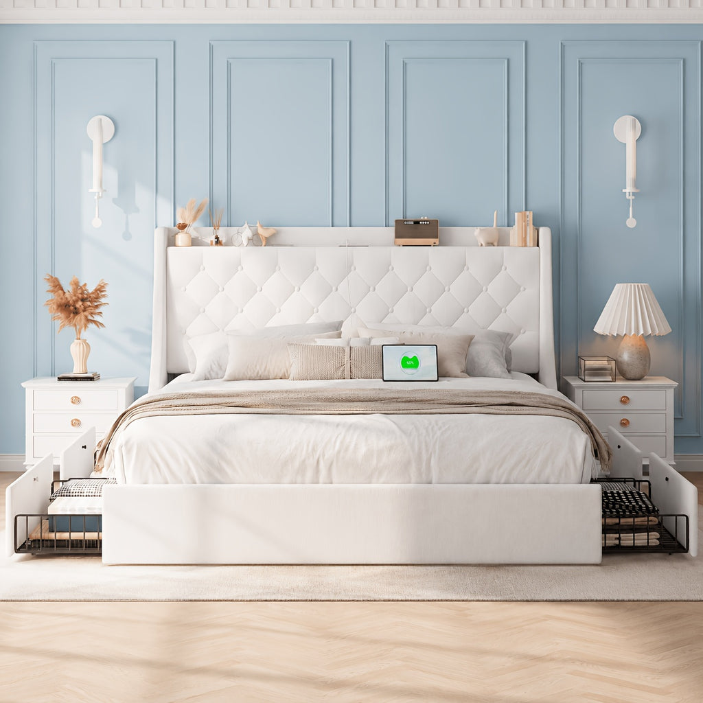 Bed Frame with Charging Station, Linen Fabric Storage Headboard, Storage Drawers on Both Sides, Solid Wood Slats Support