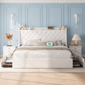 Bed Frame with Charging Station, Linen Fabric Storage Headboard, Storage Drawers on Both Sides, Solid Wood Slats Support