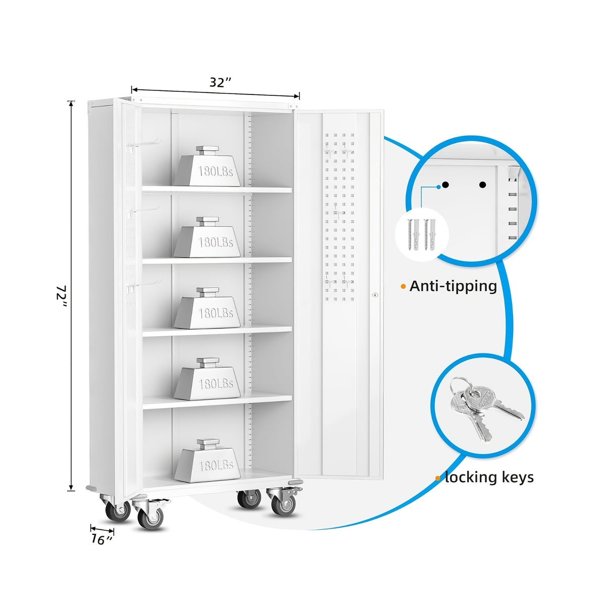 Metal Storage Cabinet with Wheels, Pegboards, Locking Doors And 4 Adjustable Shelves, 71"H/72"H/73"H Tool Cabinet for Garage, Home, Basement, Kitchen
