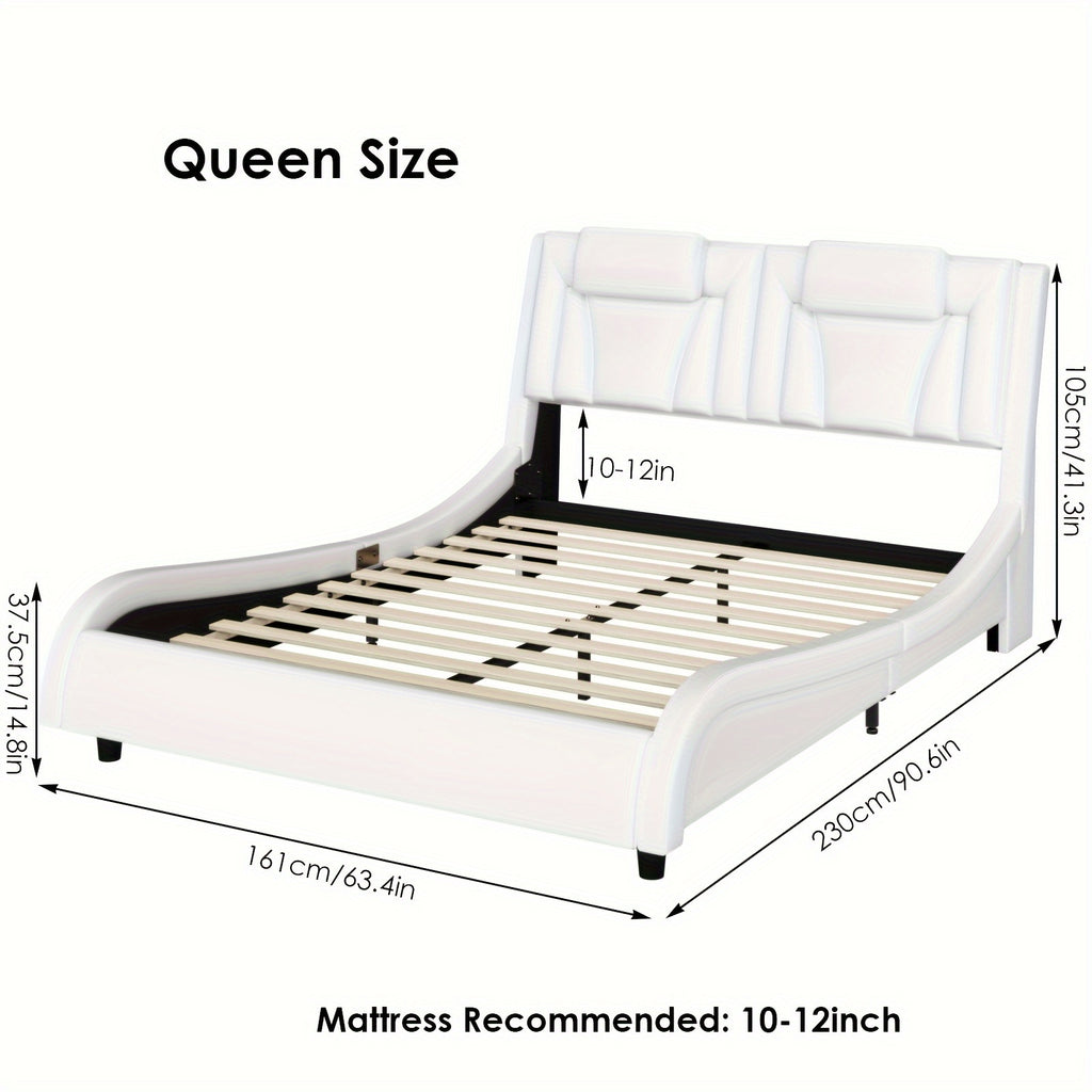 Upholstered Bed Frame Available in Full, Queen, And King Sizes Featuring an Adjustable Headboard, a Wavy Design, a Removable Backrest, And Solid Wooden Slats for Support, Eliminating The Need for a Box Spring, Offered in Faux Leather in White