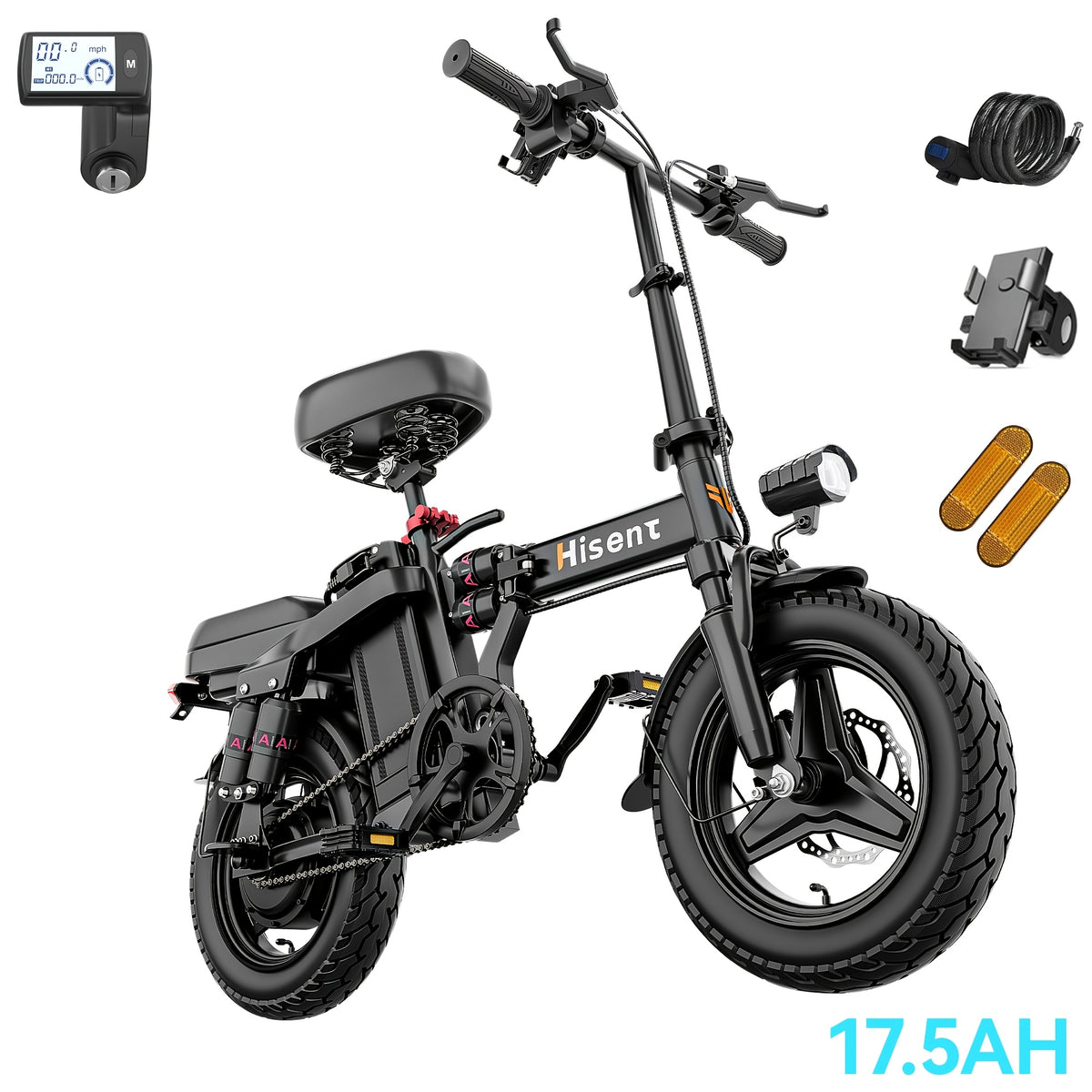 Hisent Foldable Electric Bicycle, Power: 500W Brushless Motor, 48V 10AH/17.5AH Lithium Battery (optional), 12 to 35 Miles Range; Speed: 19.9 MPH, Dual Brakes, LED Headlights, 14-inch Tires, Commuting And School Trips, Stylish Design, Sturdy Structure