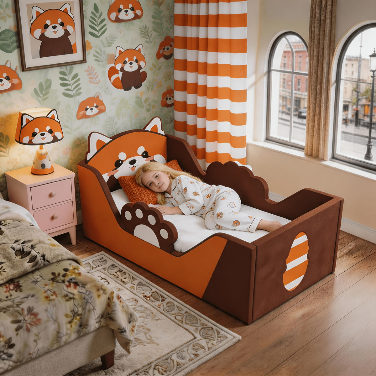 Toddler Floor Bed with Removable Safety Rails And Storage Bag, Kids Bed for Girls And Boys, Standard Crib Size, Safety Upholstered Beds, Low to Floor Design