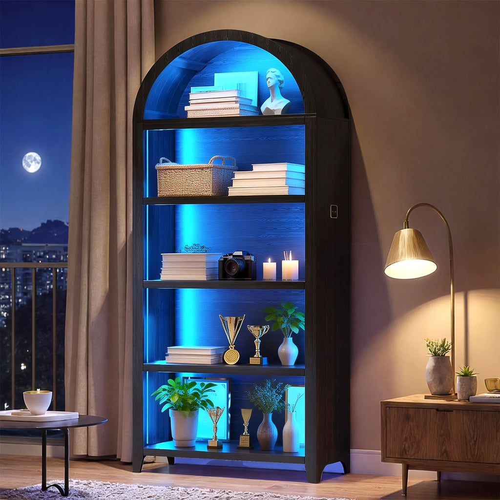 68.9" Arched Display Bookshelf Cabinet - 5-Tier Open Storage Shelf, Freestanding Tall Bookcase for Living Room, Dining Room Or Office (Multiple Finishes)