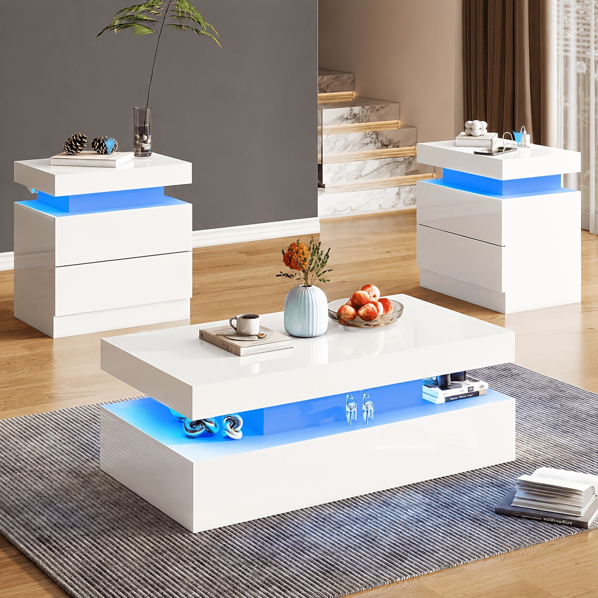 Living Room Table Set with LED Lighting — High-Gloss 2-Tier Coffee Table and Two Charging End Tables